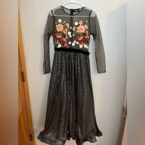 Catchall NWT Embroidered Floral Black Mesh Long-Sleeve Evening Dress